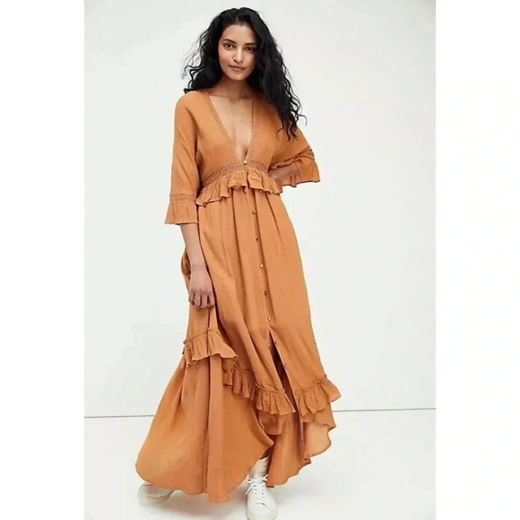 NWT Free People Paradiso Maxi Dress Ruffle Lace Long in Camel Brown Small - Picture 1 of 11